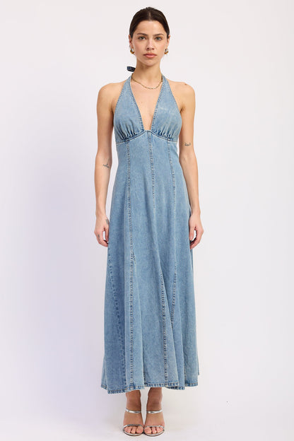Halter Denim Godet Midi Dress — Cotton Polyester Grommet Belt Structured Style - Midi Dresses