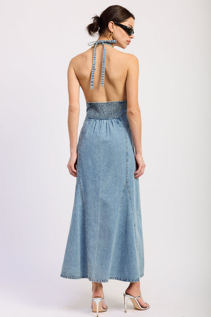 Halter Denim Godet Midi Dress — Cotton Polyester Grommet Belt Structured Style - Midi Dresses