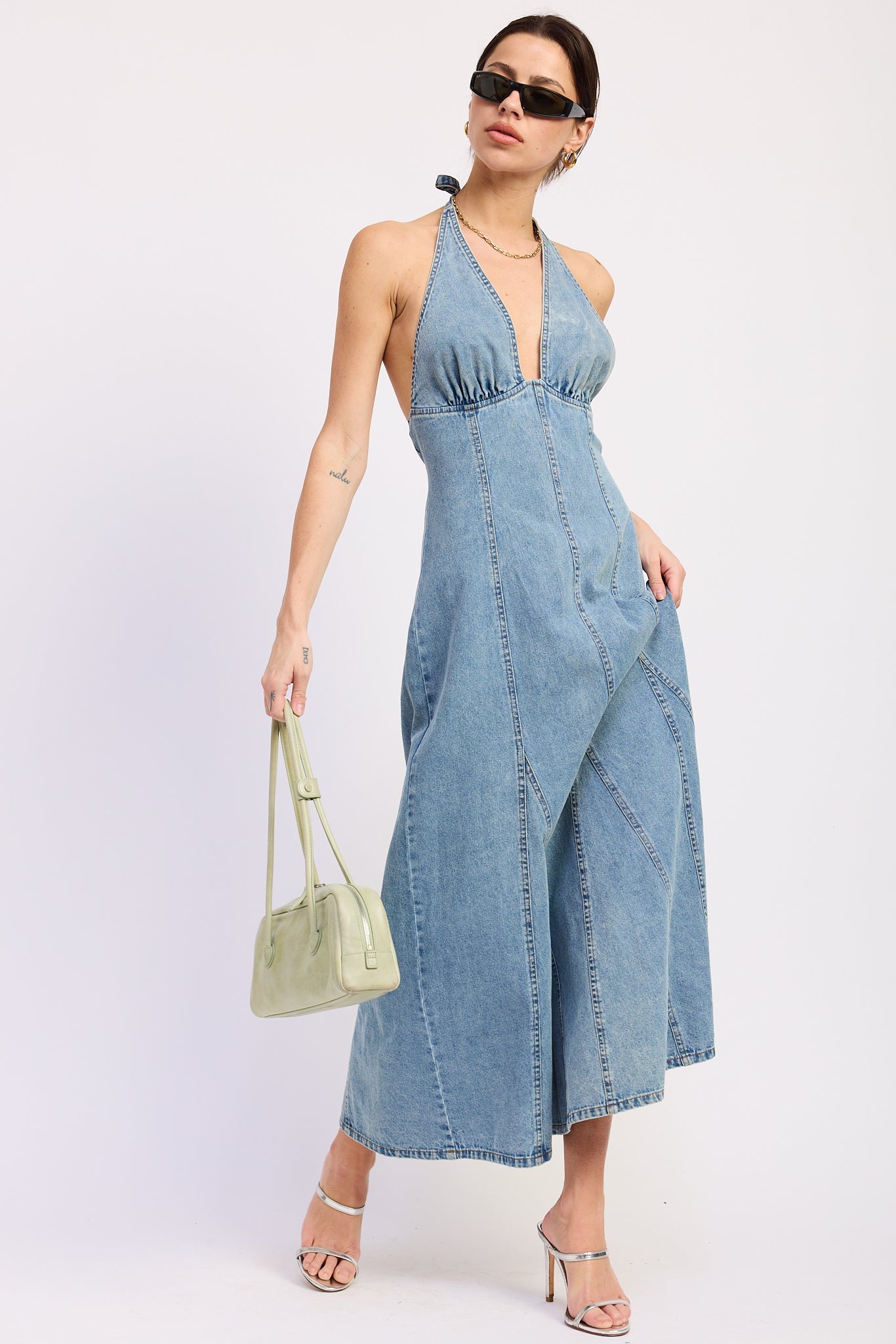 Halter Denim Godet Midi Dress — Cotton Polyester Grommet Belt Structured Style - Light Denim Midi Dresses