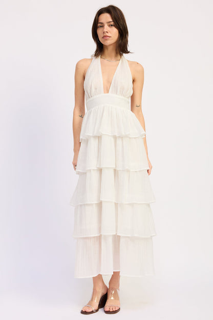 Halter Tiered Neck Tie Midi Dress — Lyocell Polyester Blend Flowy Elegant Style - Midi Dresses