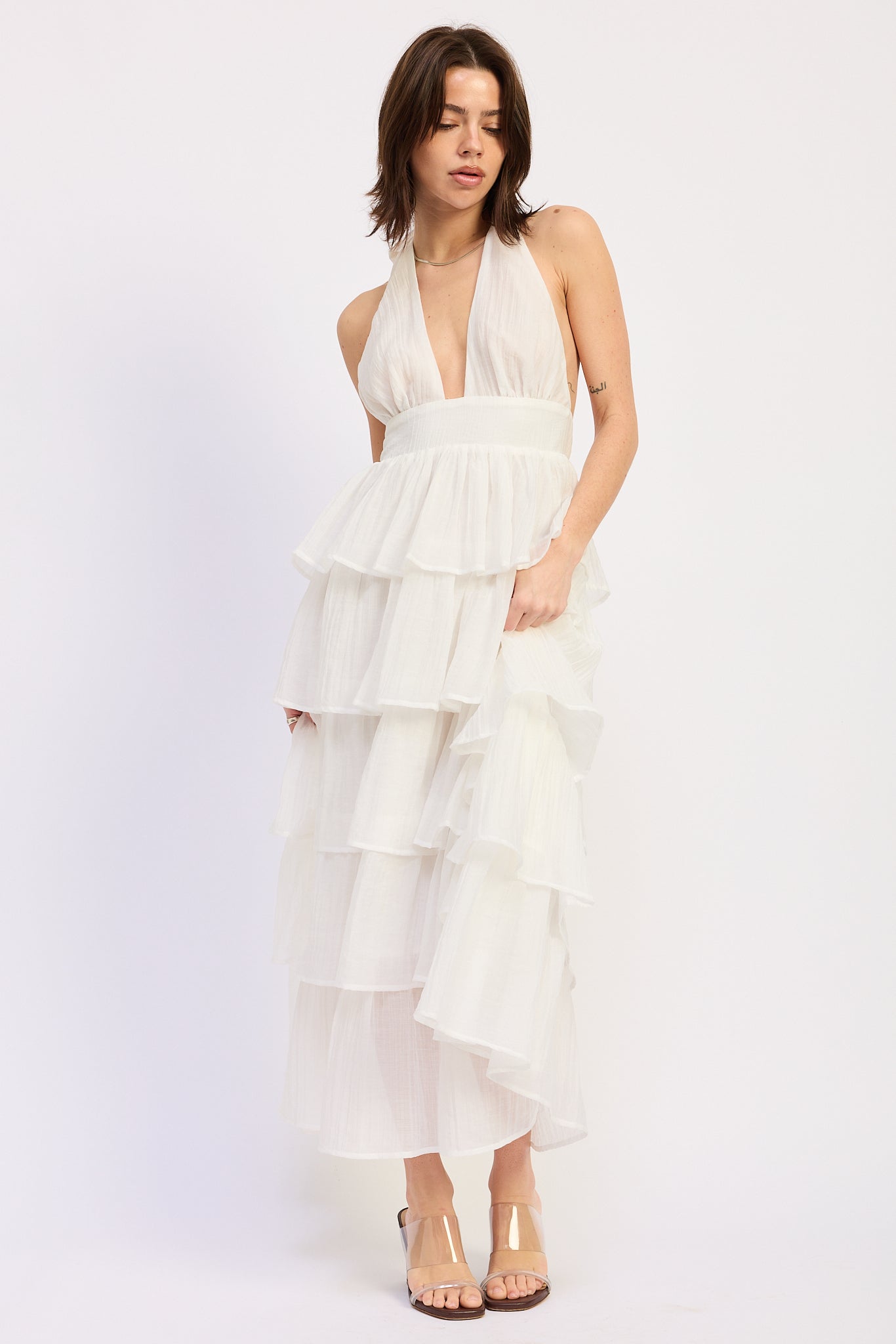 Halter Tiered Neck Tie Midi Dress — Lyocell Polyester Blend Flowy Elegant Style - Off-White Midi Dresses