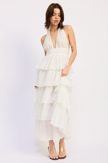 Halter Tiered Neck Tie Midi Dress — Lyocell Polyester Blend Flowy Elegant Style - Off-White Midi Dresses
