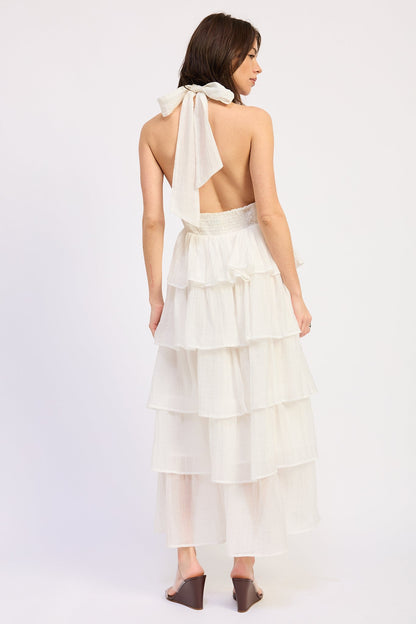 Halter Tiered Neck Tie Midi Dress — Lyocell Polyester Blend Flowy Elegant Style - Midi Dresses