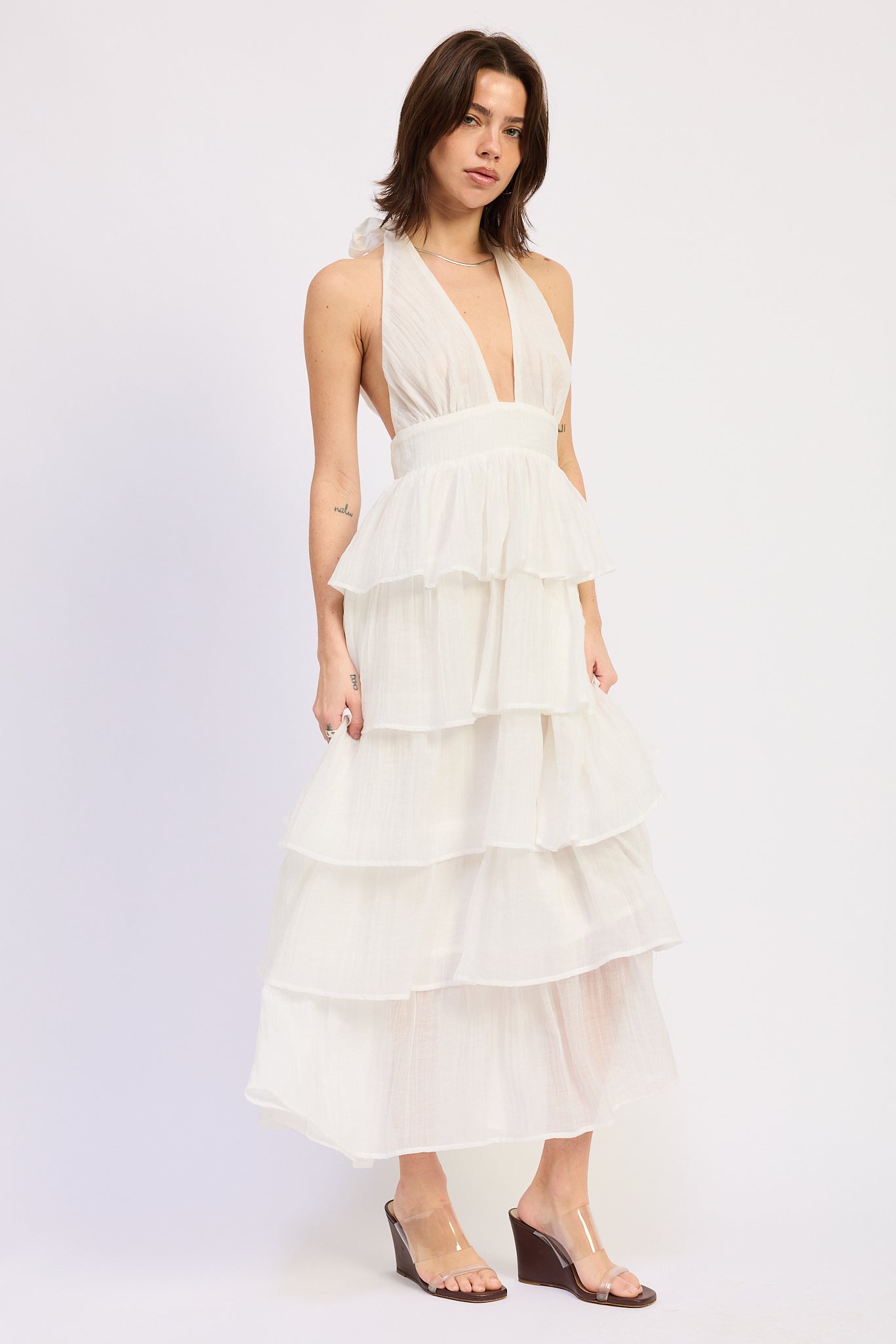 Halter Tiered Neck Tie Midi Dress — Lyocell Polyester Blend Flowy Elegant Style - Midi Dresses