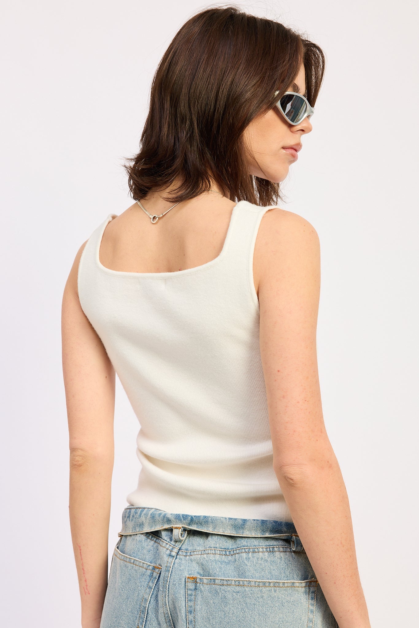 Square Neck Ribbed Top — Viscose Polyester Nylon Blend Fitted Everyday Style - Tops