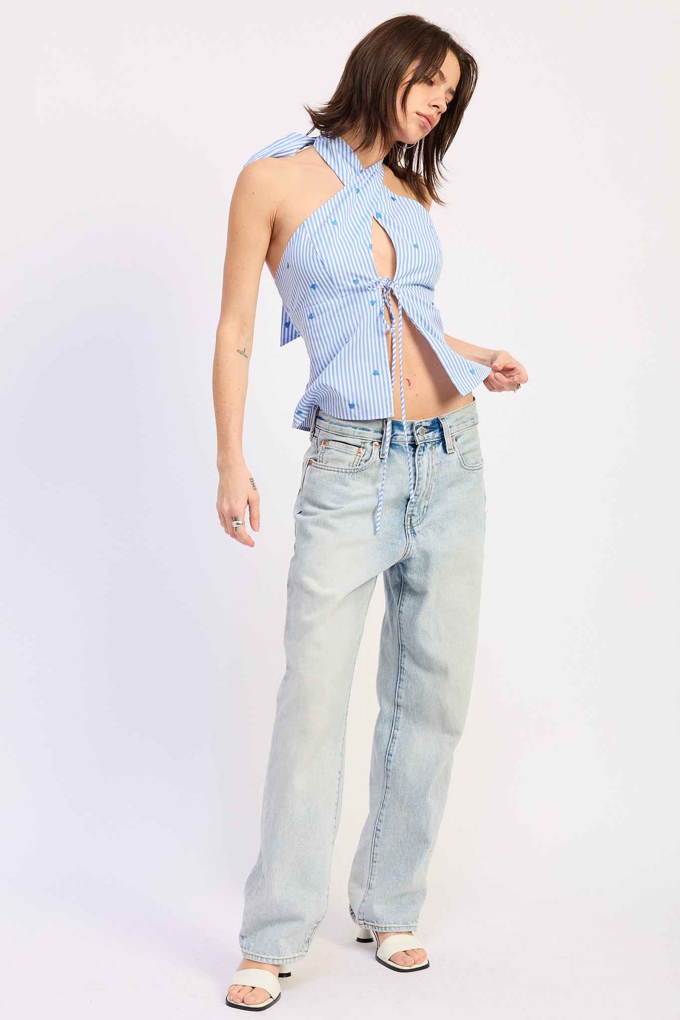 Crossed Halter Tie Top — 100% Cotton Lining Breezy Summer Style - Blue Stripe Tops