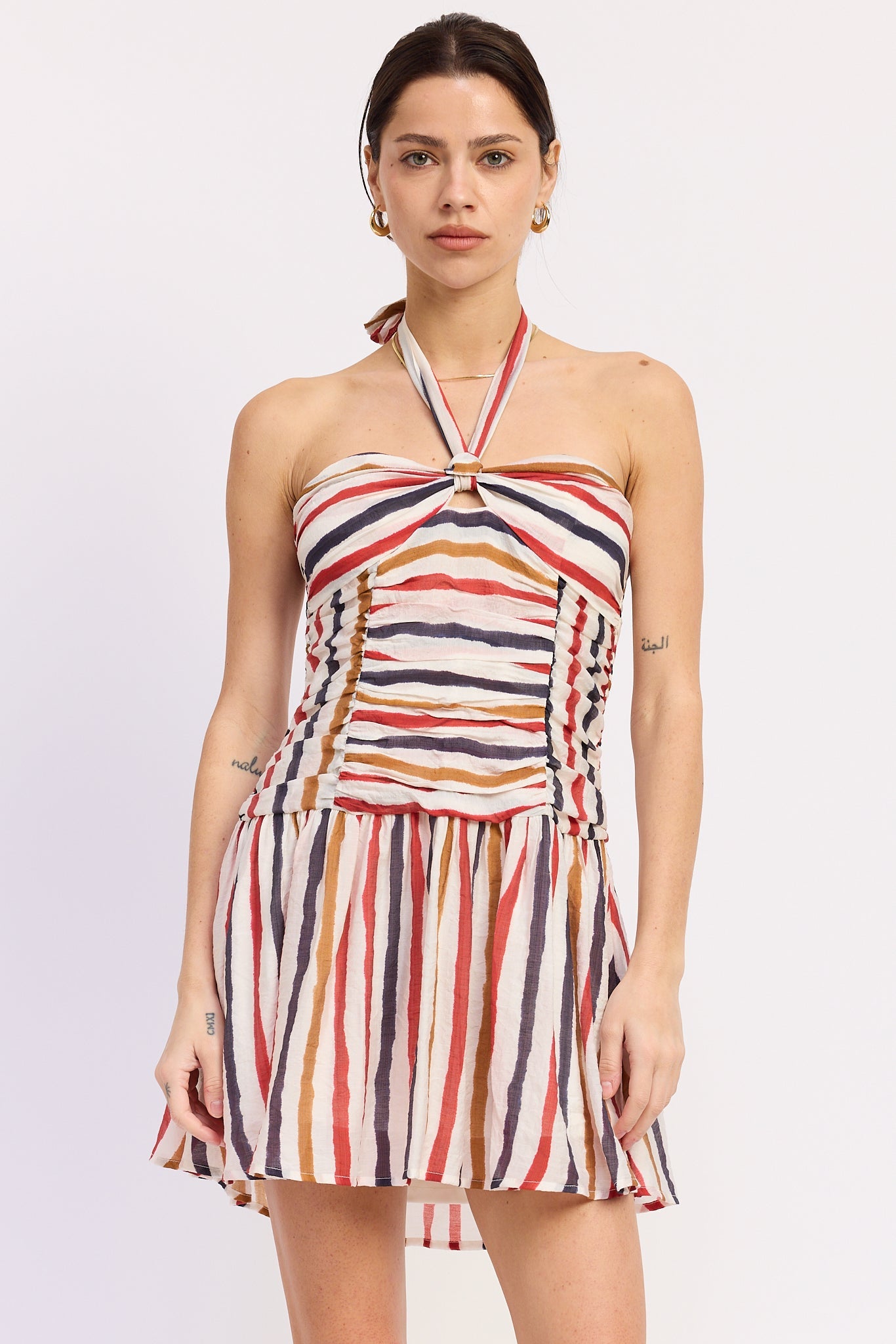 Striped Sleeveless Neck Tie Mini Dress — Rayon Nylon Feminine Everyday Style - Red Navy Stripe DRESSES
