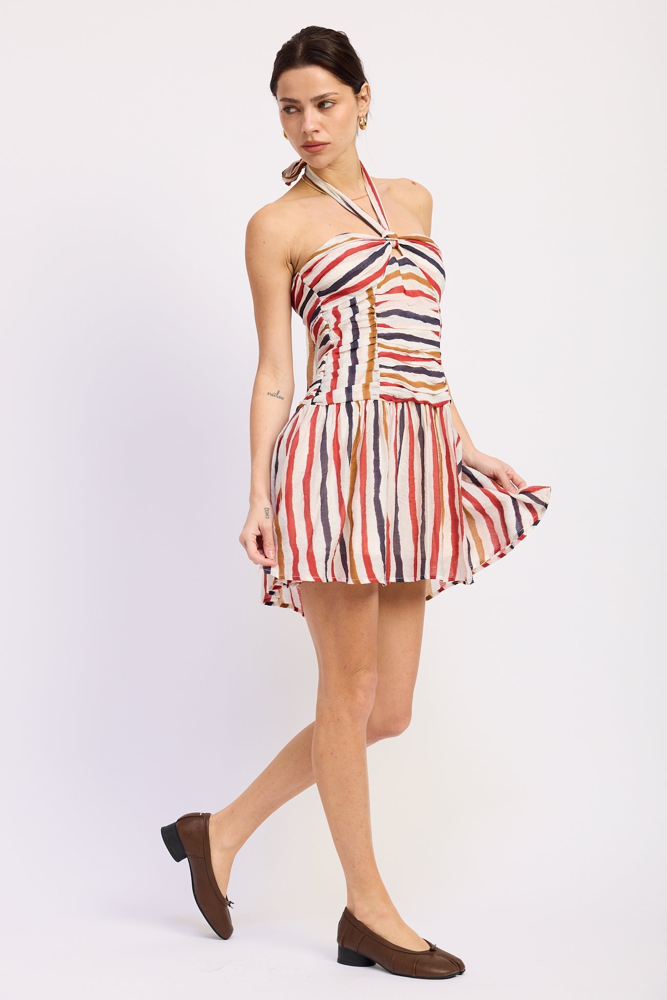 Striped Sleeveless Neck Tie Mini Dress — Rayon Nylon Feminine Everyday Style - DRESSES