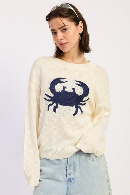 Blue Crab Slub Knit Sweater — 100% Acrylic Textured Coastal Casual Style - Sweaters