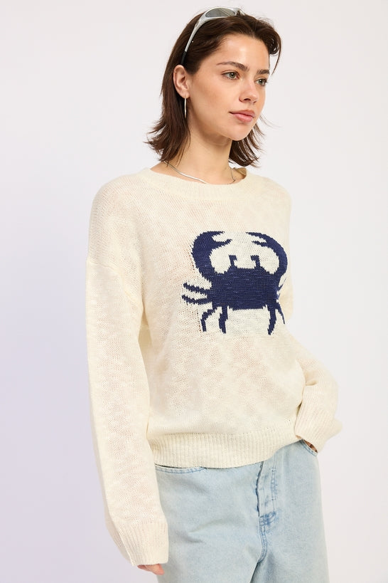 Blue Crab Slub Knit Sweater — 100% Acrylic Textured Coastal Casual Style - Sweaters