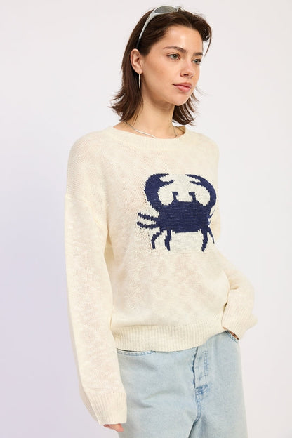 Blue Crab Slub Knit Sweater — 100% Acrylic Textured Coastal Casual Style - Sweaters