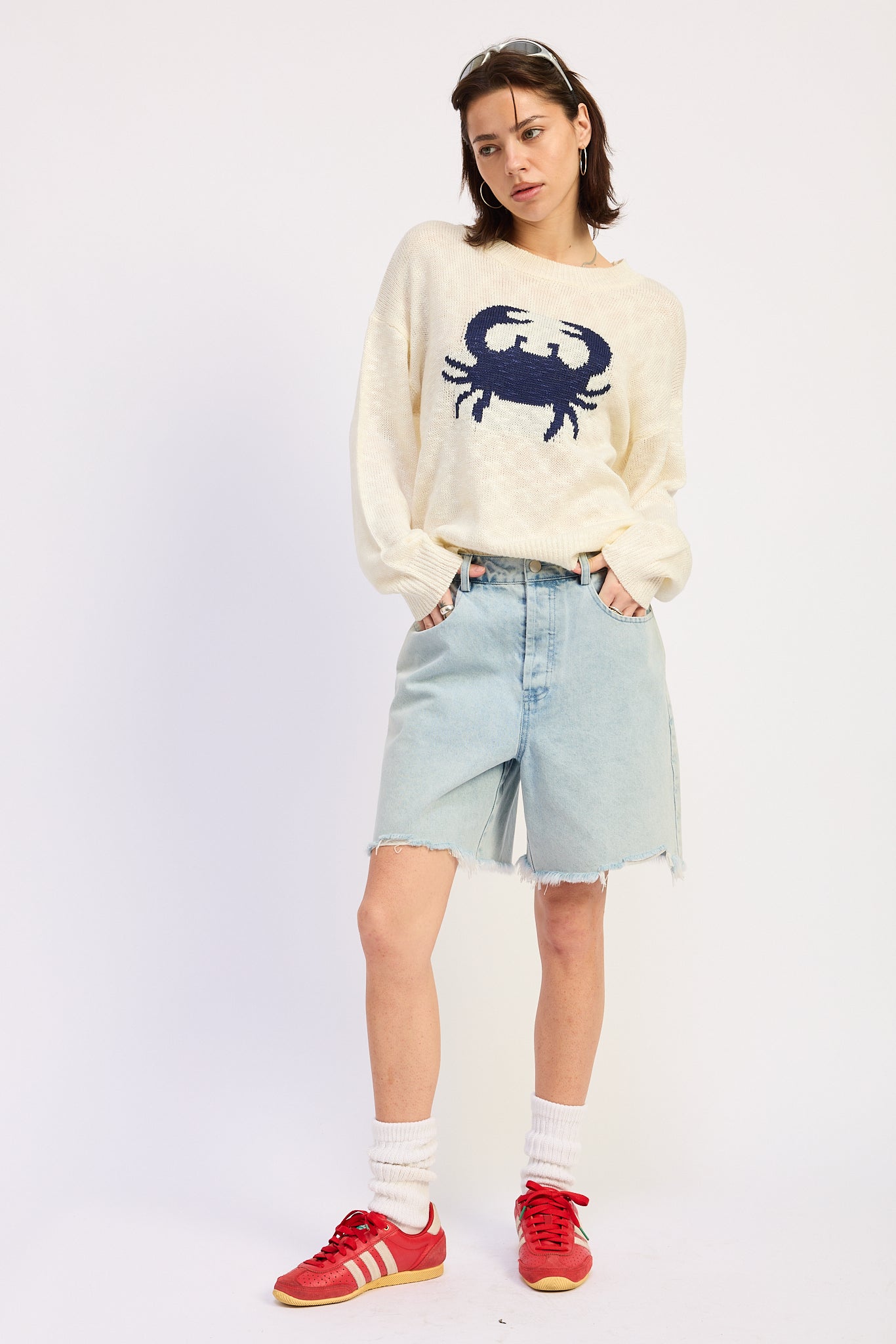 Blue Crab Slub Knit Sweater — 100% Acrylic Textured Coastal Casual Style - Cream Sweaters