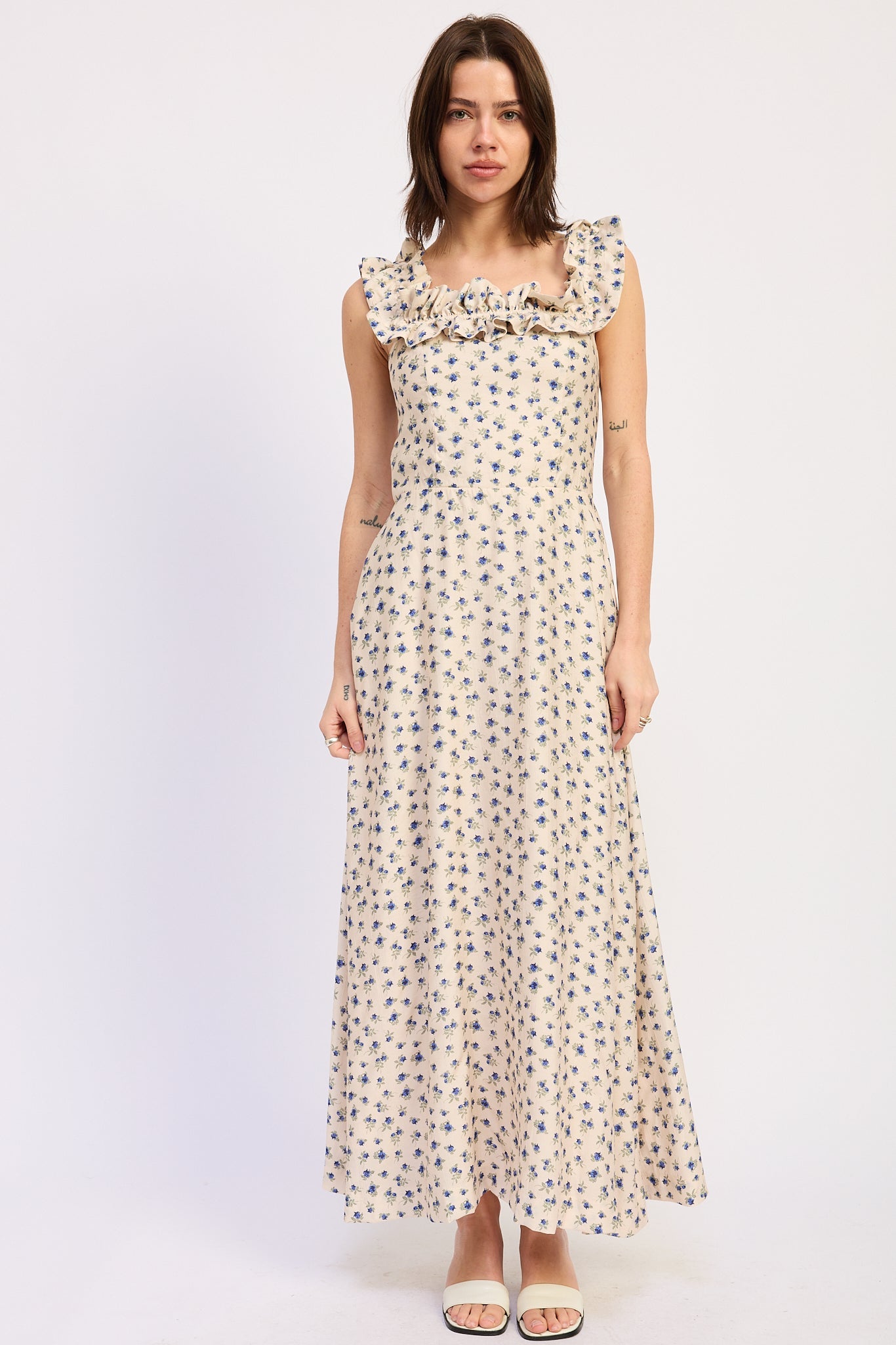 Ruffled Neckline Maxi Midi Dress — Rayon Nylon Blend Flowy Elegant Style - Midi Dresses