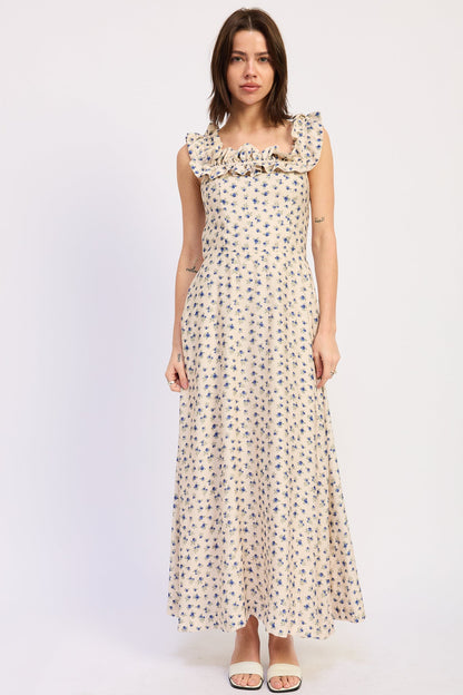 Ruffled Neckline Maxi Midi Dress — Rayon Nylon Blend Flowy Elegant Style - Midi Dresses