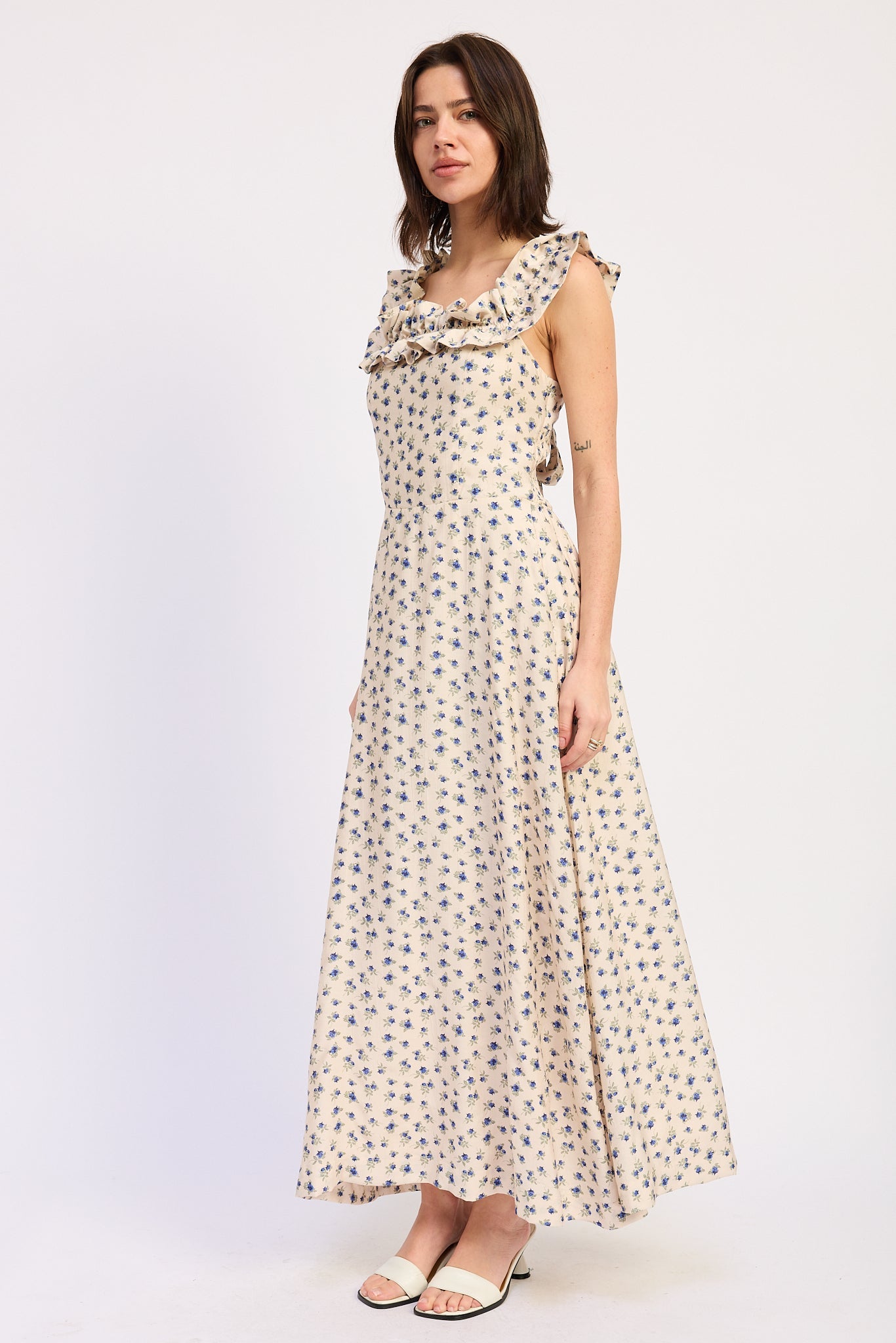 Ruffled Neckline Maxi Midi Dress — Rayon Nylon Blend Flowy Elegant Style - Midi Dresses