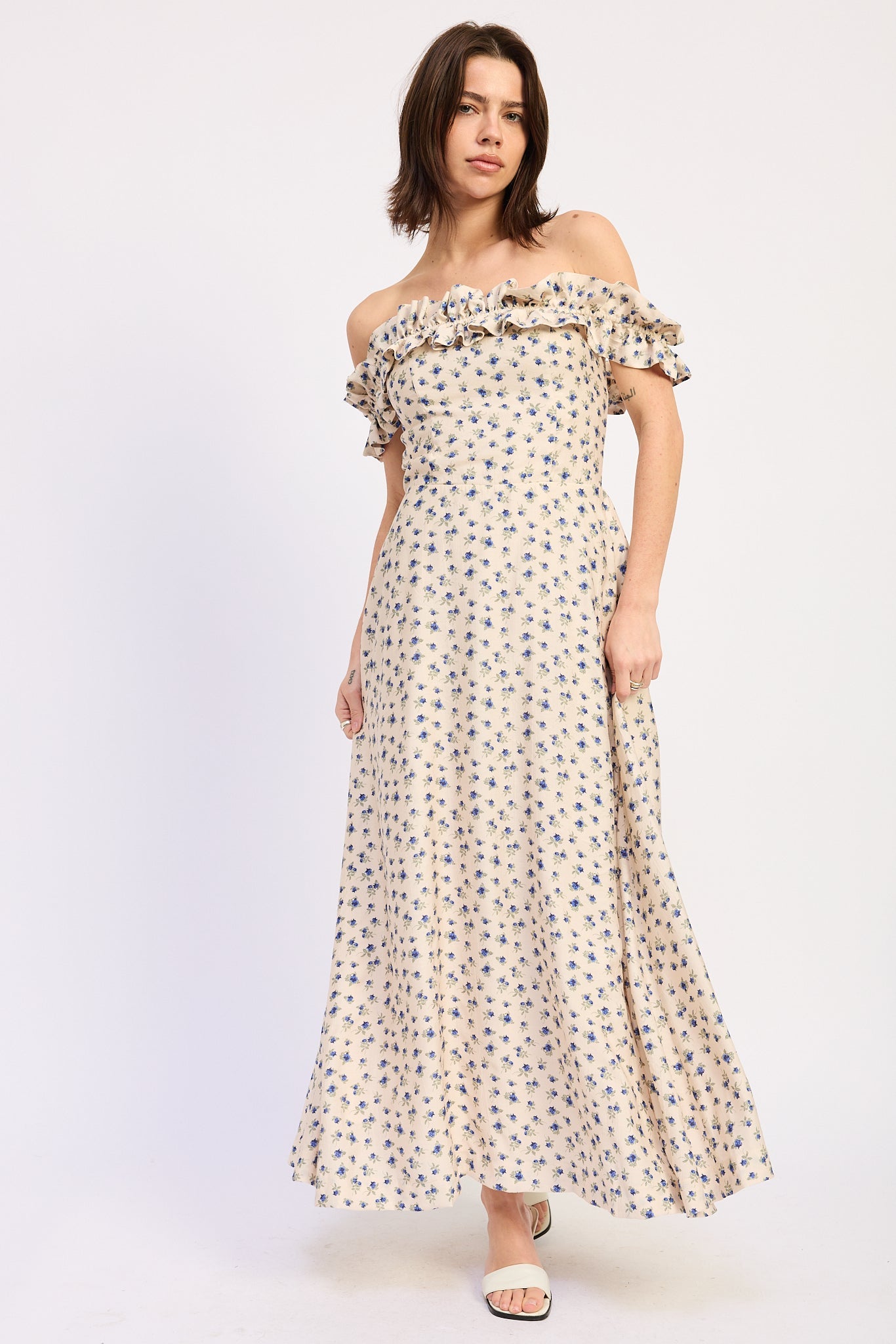 Ruffled Neckline Maxi Midi Dress — Rayon Nylon Blend Flowy Elegant Style - Blue Multi Midi Dresses