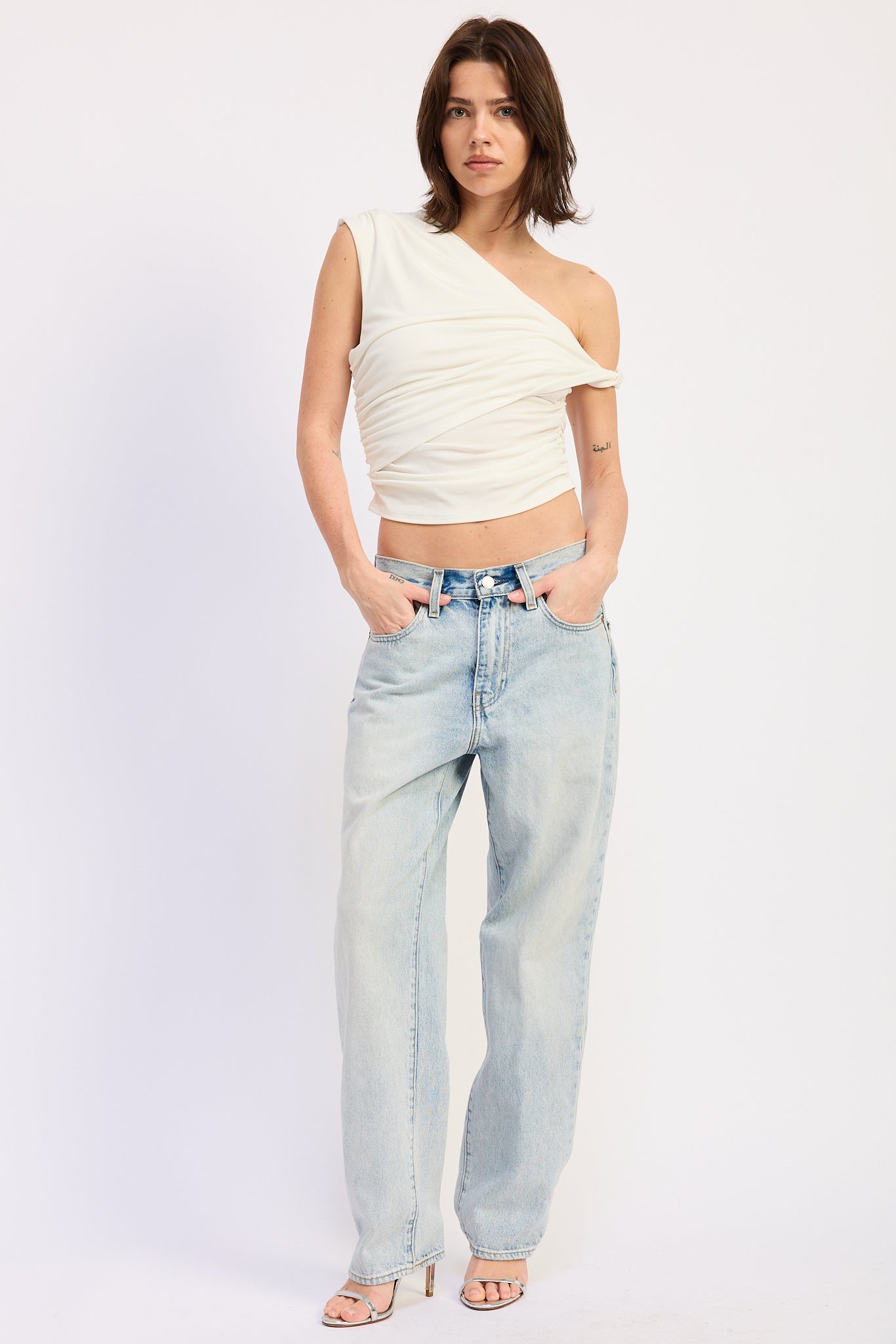Asymmetrical Shoulder Twist Top — Lyocell Spandex Blend Sleek Everyday Style - Off-White Tops