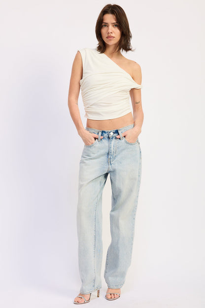 Asymmetrical Shoulder Twist Top — Lyocell Spandex Blend Sleek Everyday Style - Off-White Tops