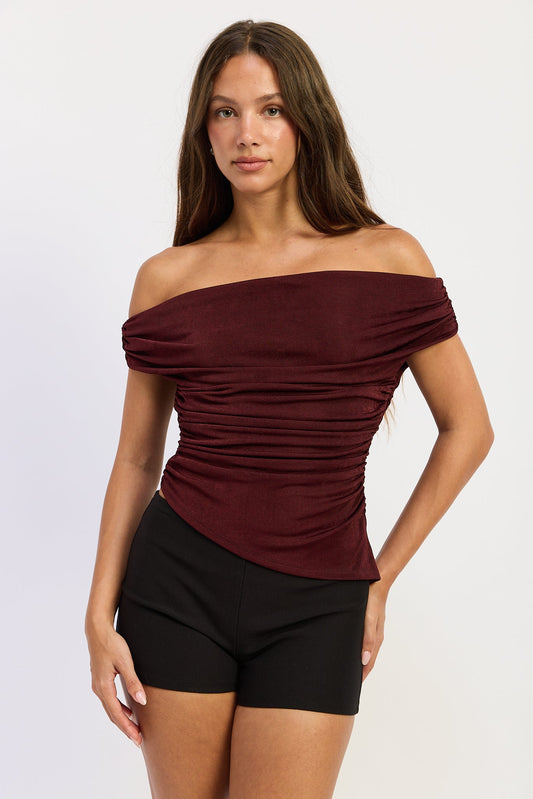 Off Shoulder Asymmetrical Ruched Knit Top Burgundy