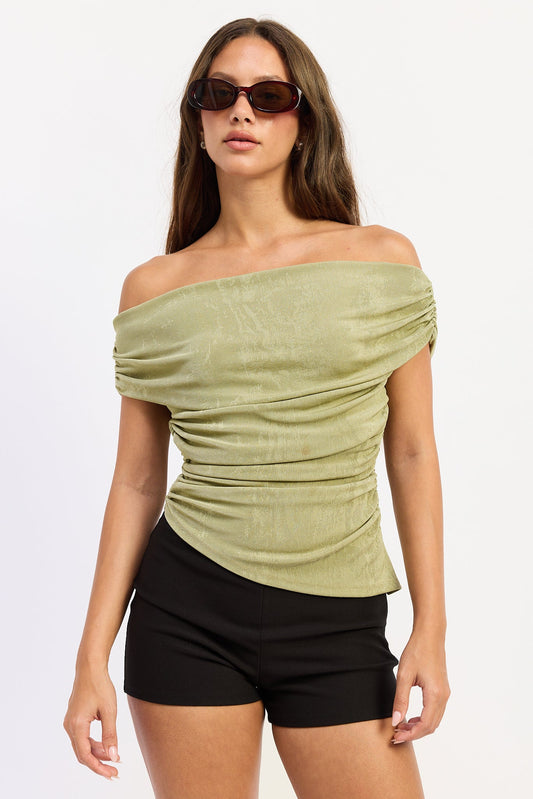 Off Shoulder Asymmetrical Ruched Knit Top