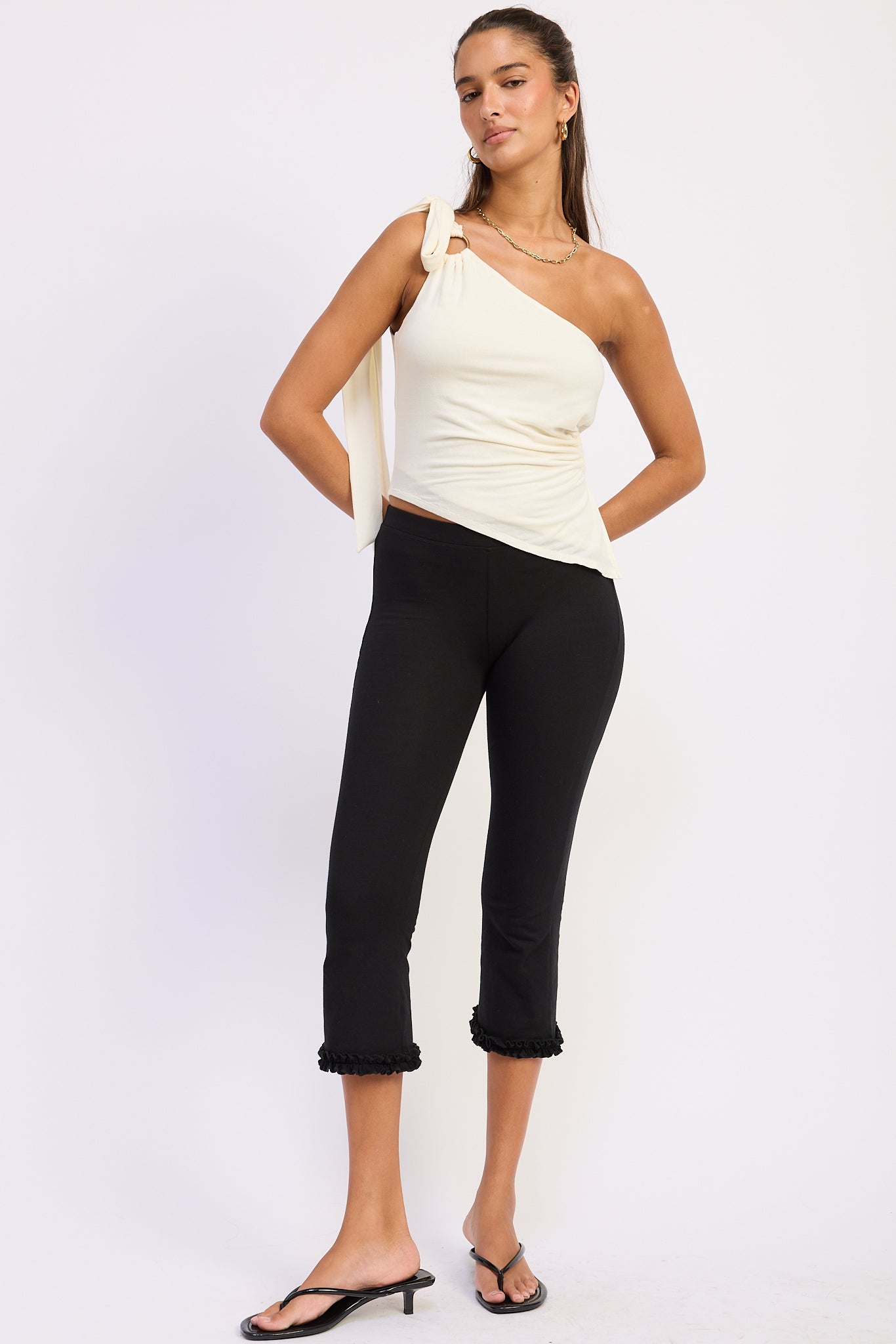 Asymmetrical O-Ring Knit Top — Rayon Nylon Spandex Blend Fitted Everyday Style - Ivory Tops