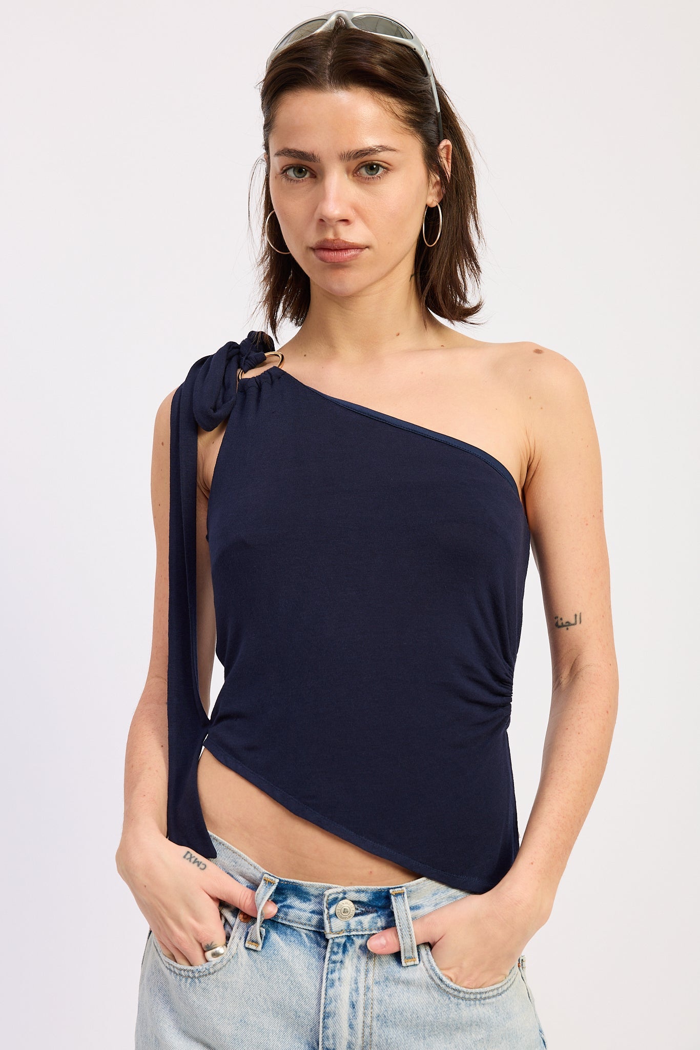 Asymmetrical O-Ring Knit Top — Rayon Nylon Spandex Blend Fitted Everyday Style - Tops