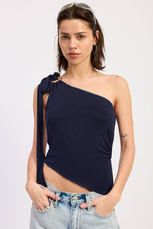 Asymmetrical O-Ring Knit Top — Rayon Nylon Spandex Blend Fitted Everyday Style - Tops