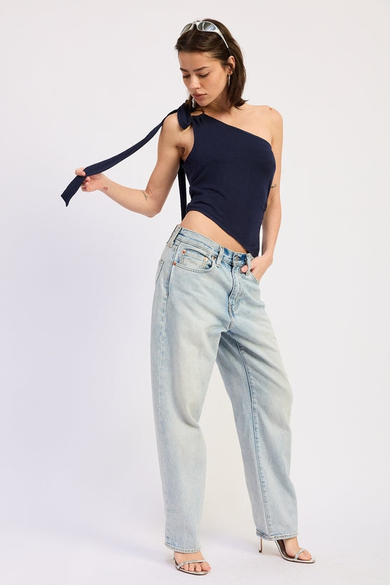 Asymmetrical O-Ring Knit Top — Rayon Nylon Spandex Blend Fitted Everyday Style - Navy Tops