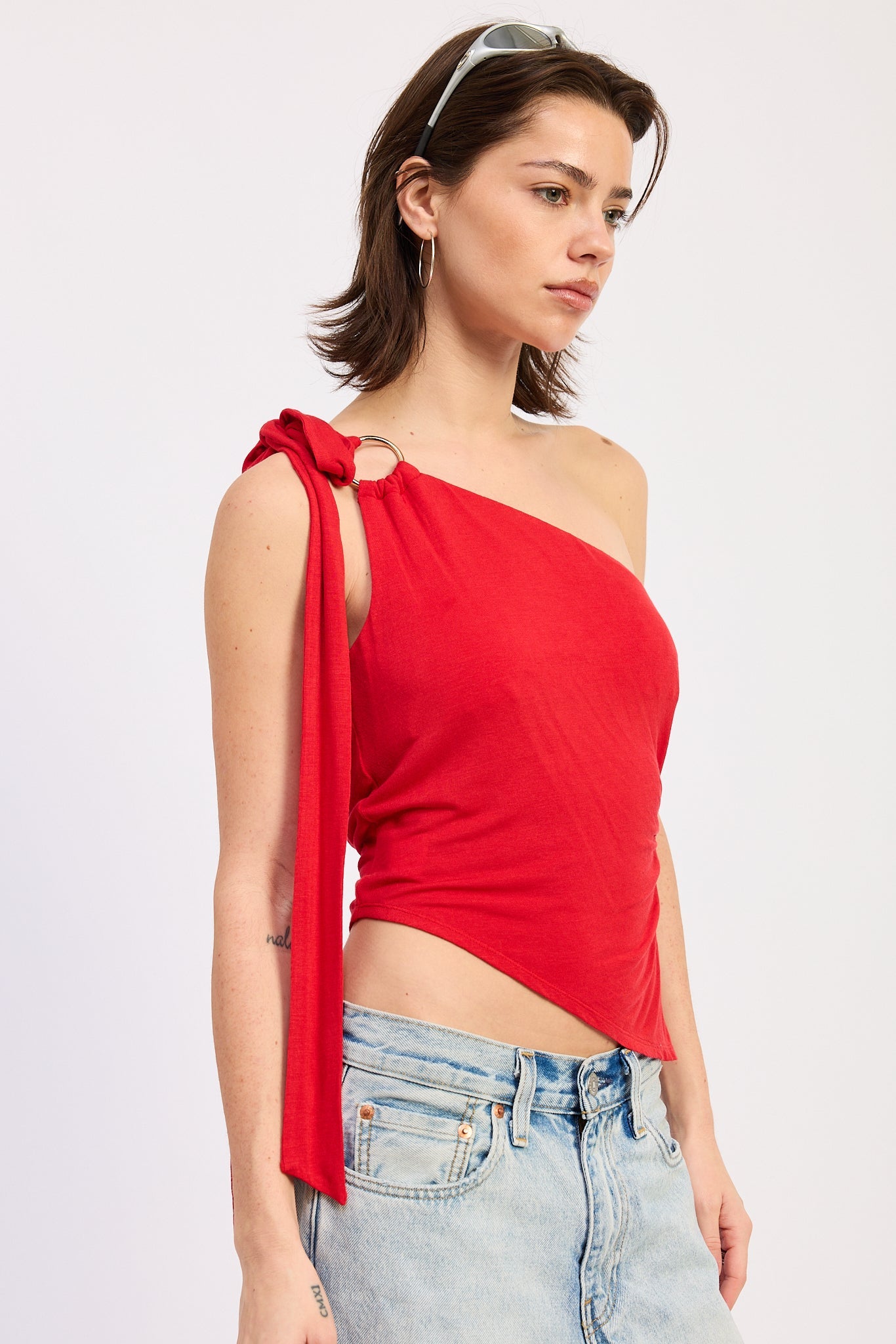 Asymmetrical O-Ring Knit Top — Rayon Nylon Spandex Blend Fitted Everyday Style - Tops
