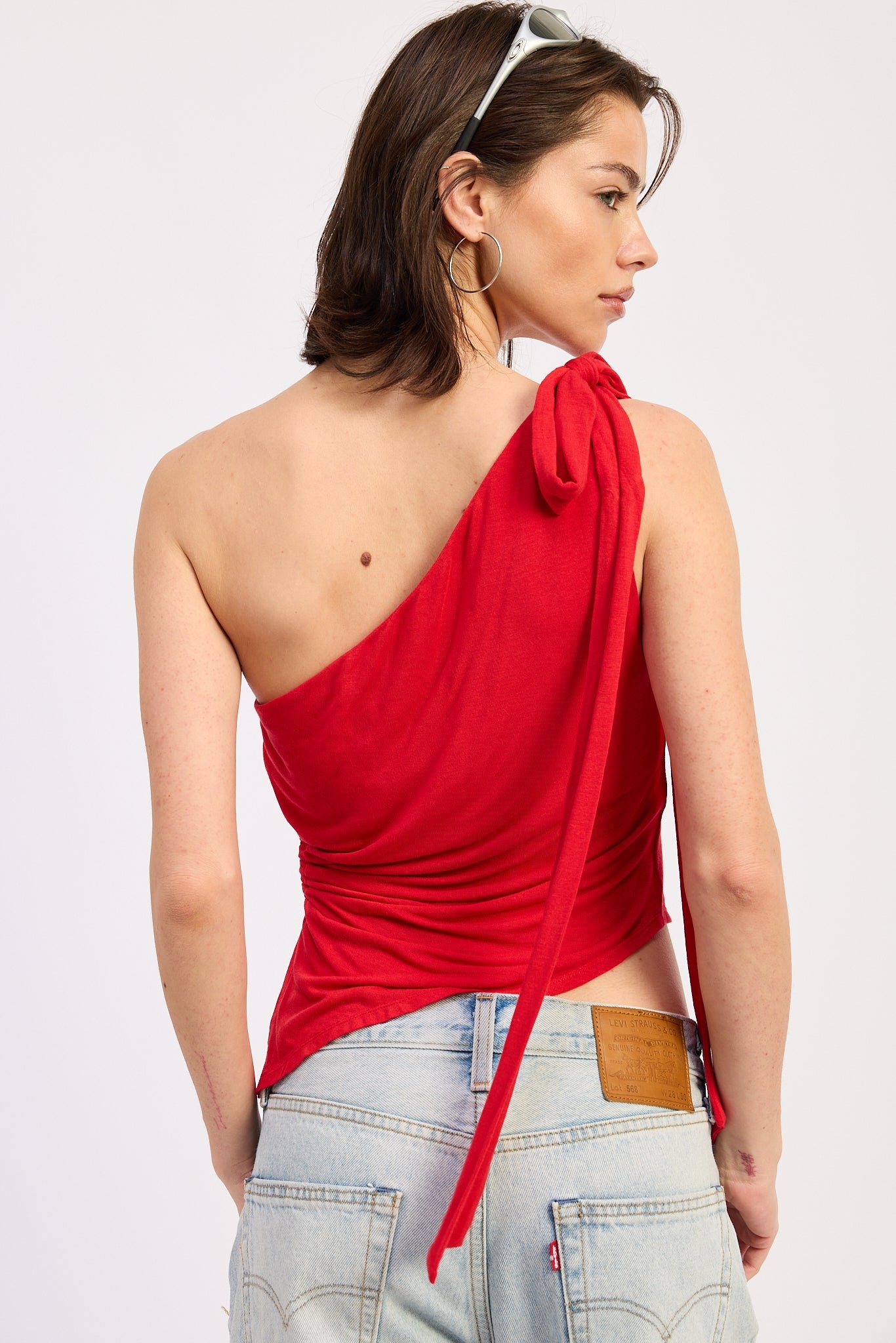Asymmetrical O-Ring Knit Top — Rayon Nylon Spandex Blend Fitted Everyday Style - Tops