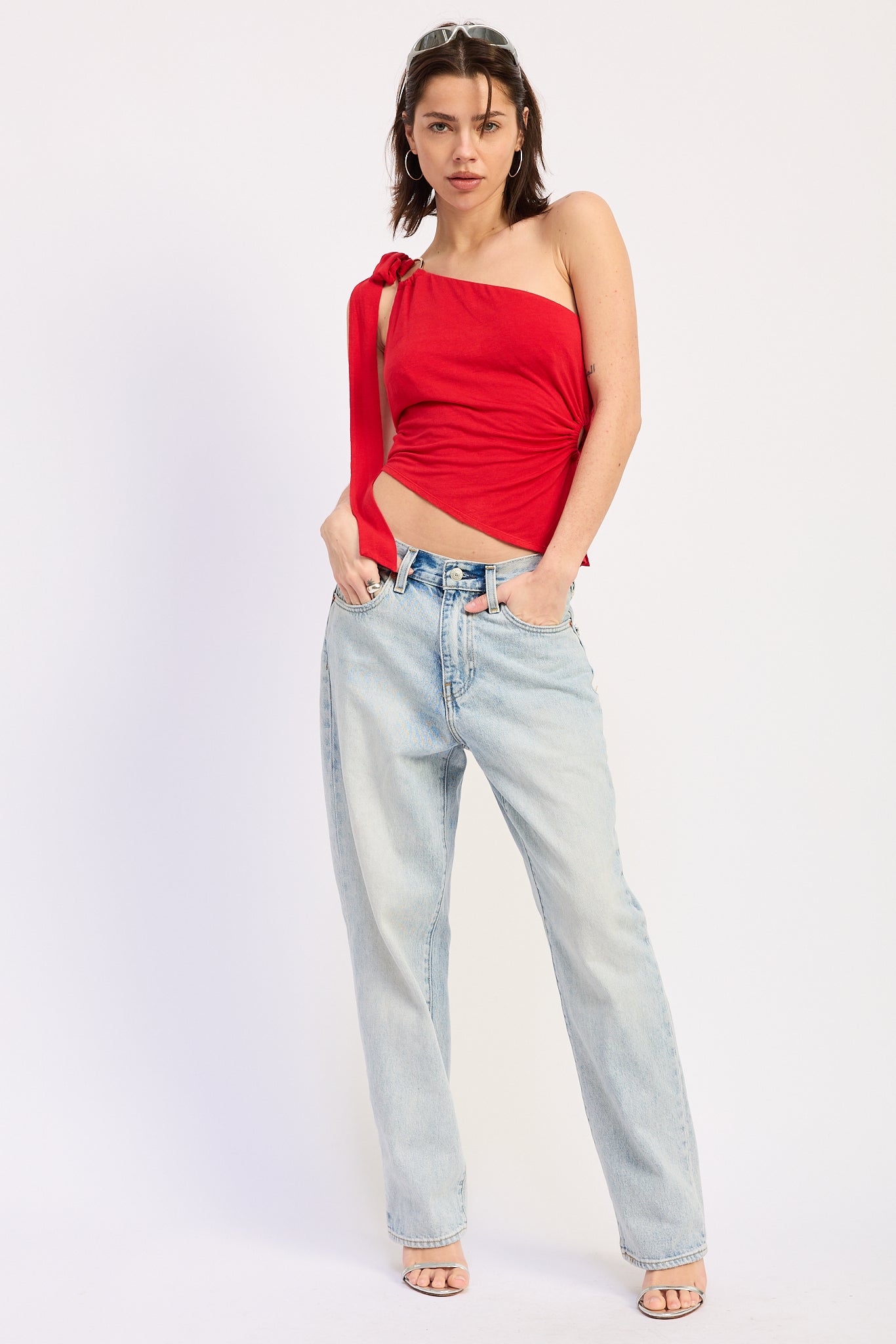 Asymmetrical O-Ring Knit Top — Rayon Nylon Spandex Blend Fitted Everyday Style - Red Tops