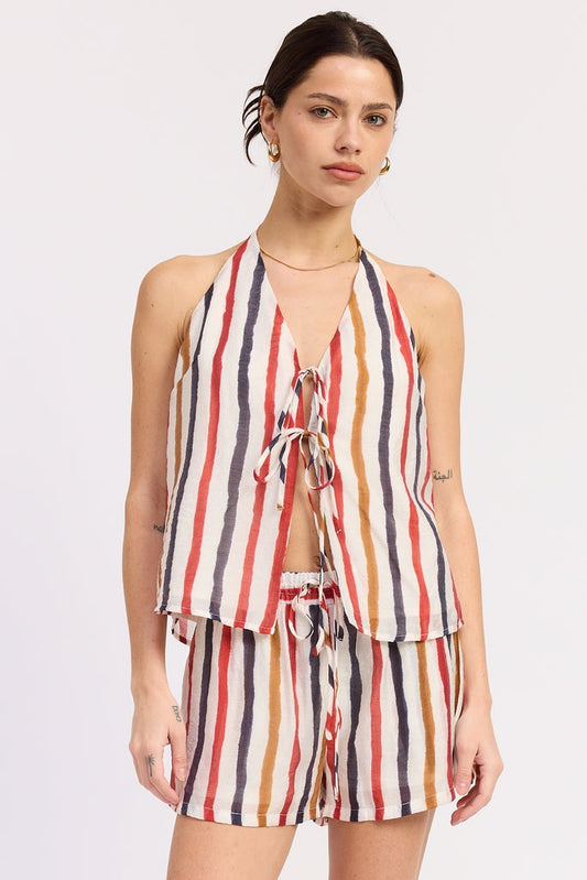 Striped Double Front Tie Rayon Matching Set Top Casual Coordinating Everyday Style - Tops