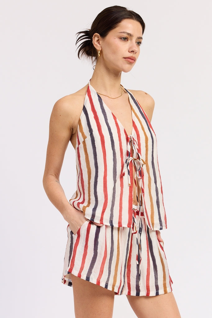 Striped Double Front Tie Rayon Matching Set Top — Casual Coordinating Everyday Style - TOPS