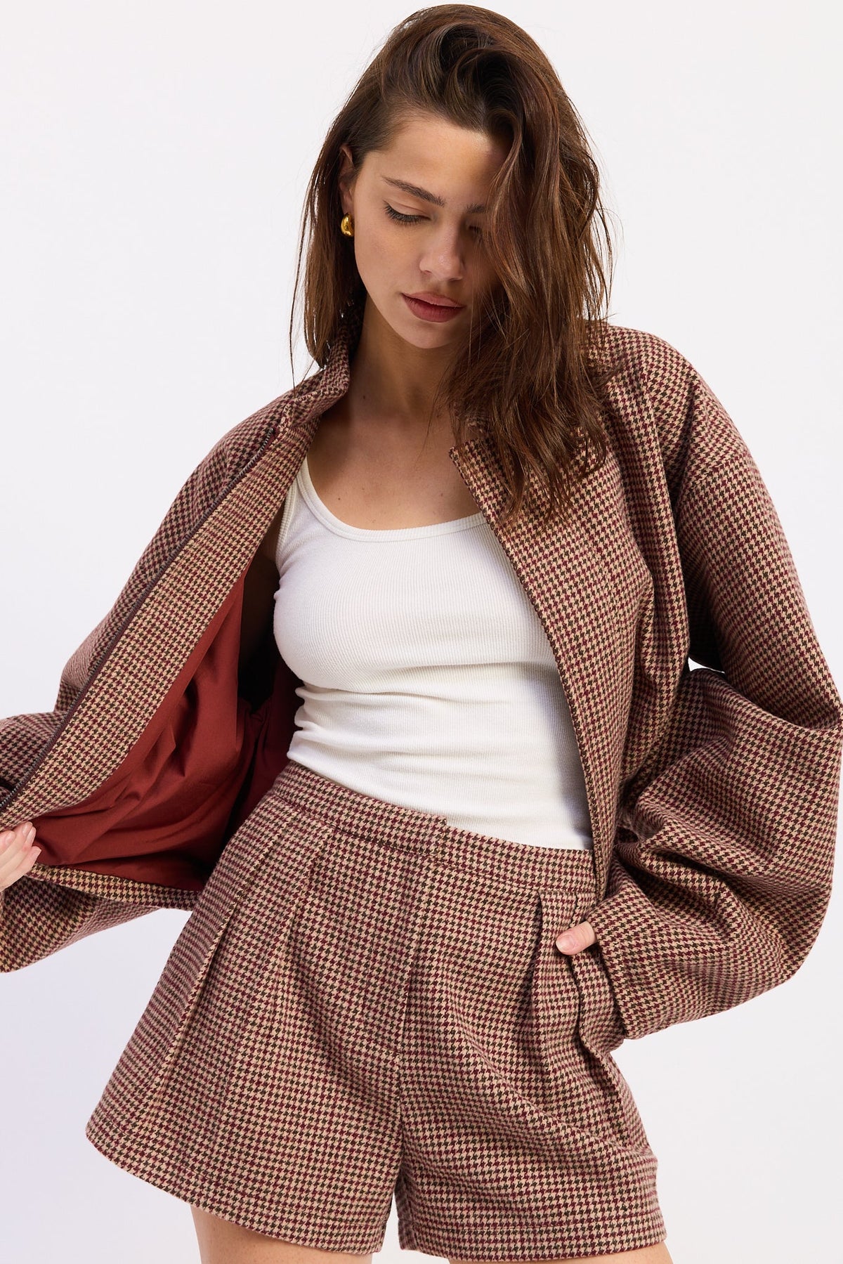 Plaid Mini Shorts with Tailored Fit and Coordinating Jacket Style Red Brown