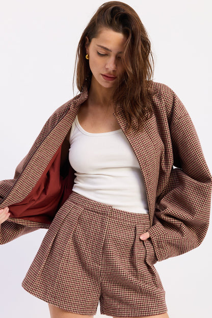 Plaid Mini Shorts with Tailored Fit and Coordinating Jacket Style Red Brown