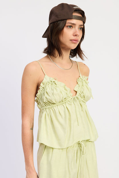 Ruffled Babydoll Crop Top — Rayon Linen Blend Feminine Flowy Everyday Style