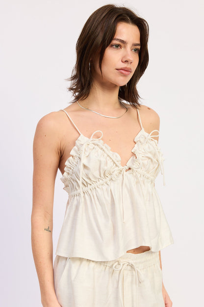 Ruffled Babydoll Crop Top — Rayon Linen Blend Feminine Flowy Everyday Style