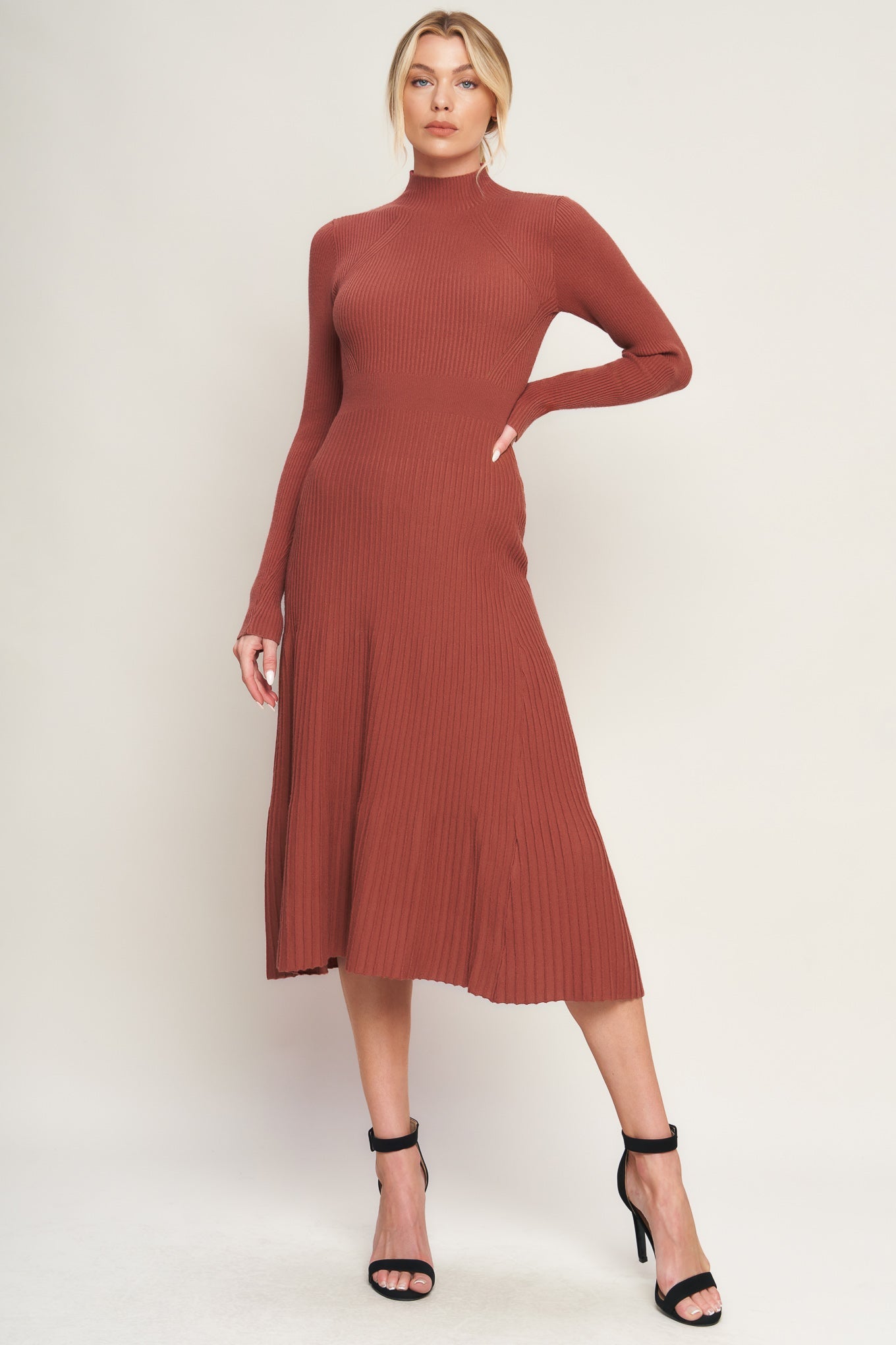Long Sleeve Mock Neck Sweater Midi Dress | Trendy Midi Dresses Outfit Idea for Women by Ro + Ivy | Elevated Basics, Modern Comfort & Style