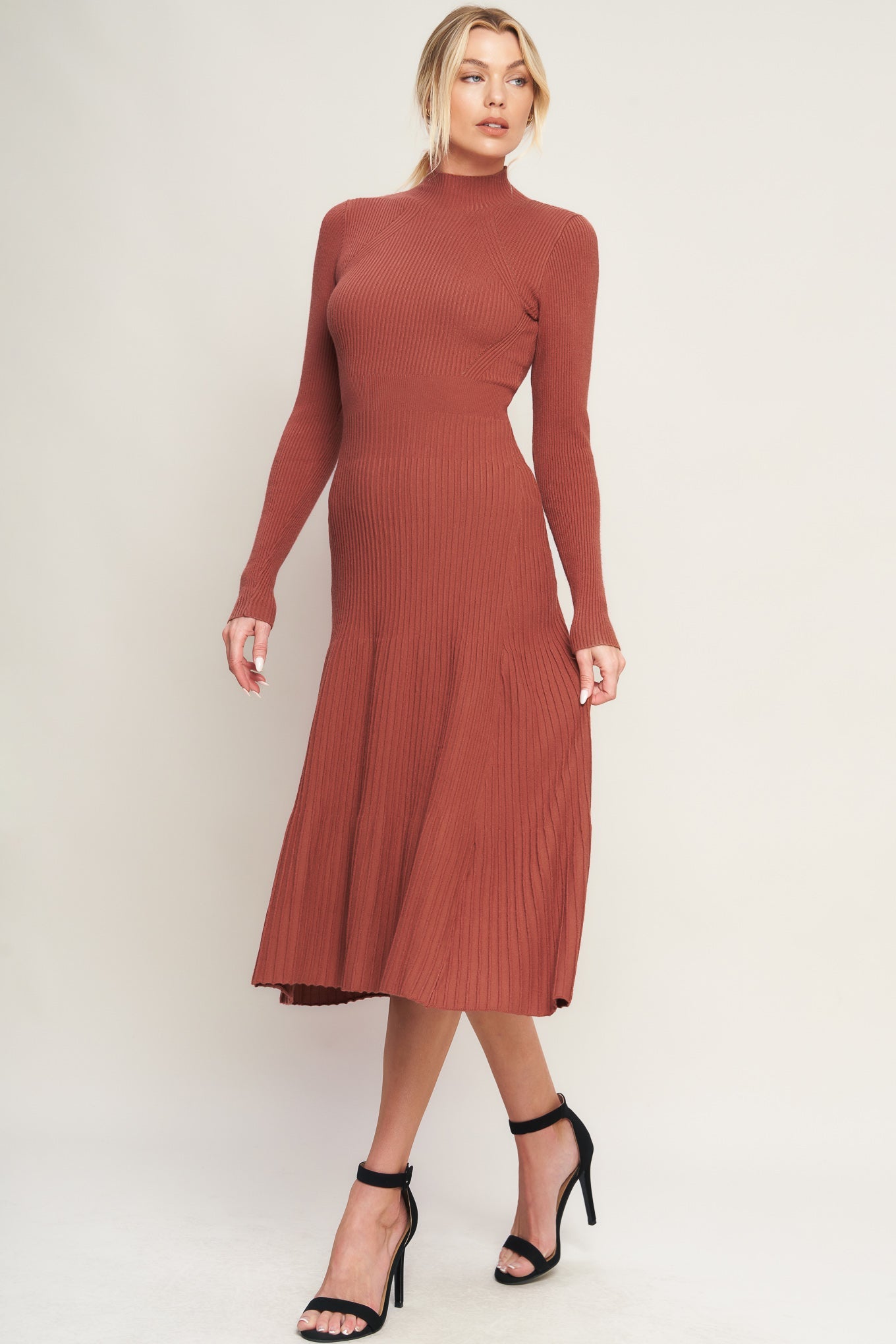 Long Sleeve Mock Neck Sweater Midi Dress | Trendy Midi Dresses Outfit Idea for Women by Ro + Ivy | Elevated Basics, Modern Comfort & Style