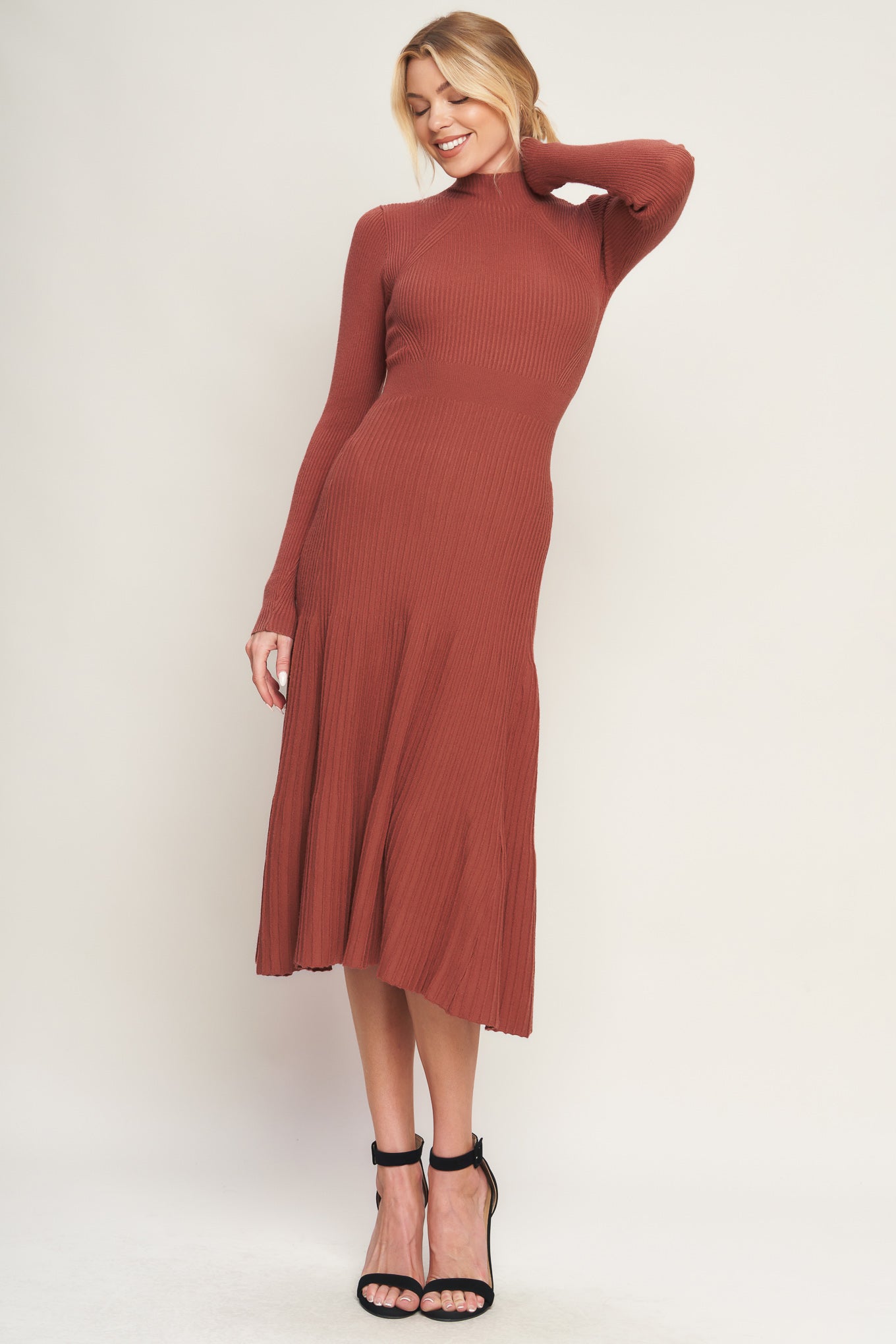 RUST Long Sleeve Mock Neck Sweater Midi Dress | Trendy Midi Dresses Outfit Idea for Women by Ro + Ivy | Elevated Basics, Modern Comfort & Style