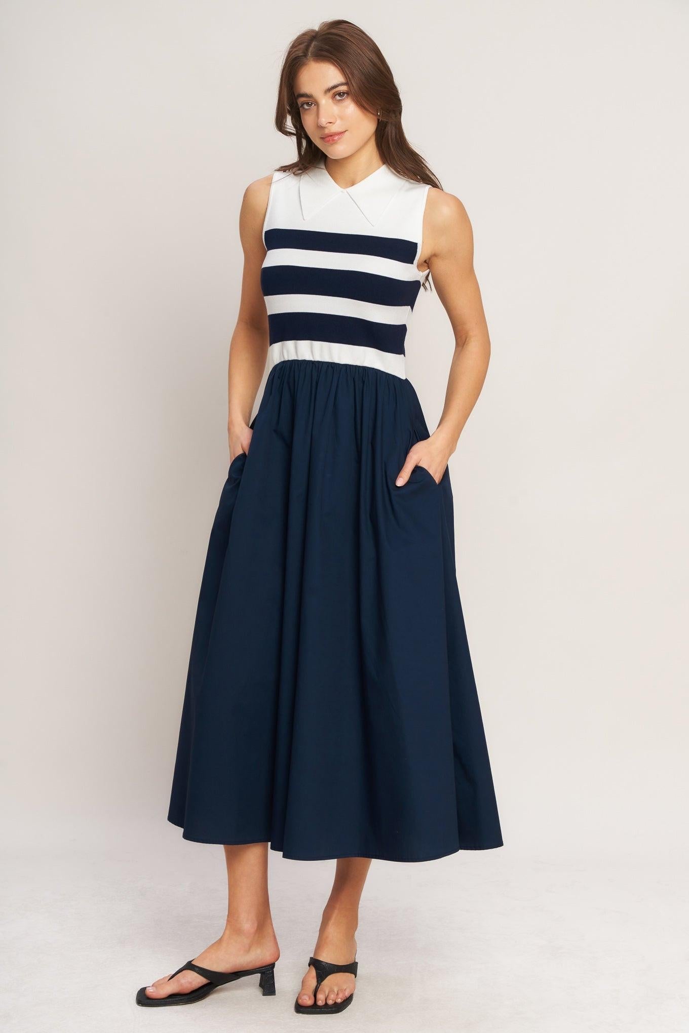 Stripe Elegance Sweater Woven Midi Dress