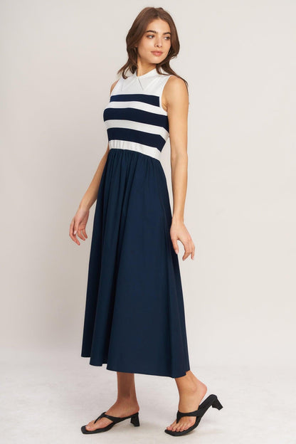 Stripe Elegance Sweater Woven Midi Dress