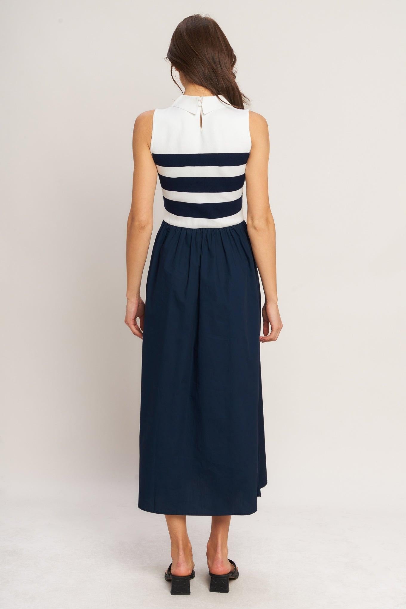 Stripe Elegance Sweater Woven Midi Dress