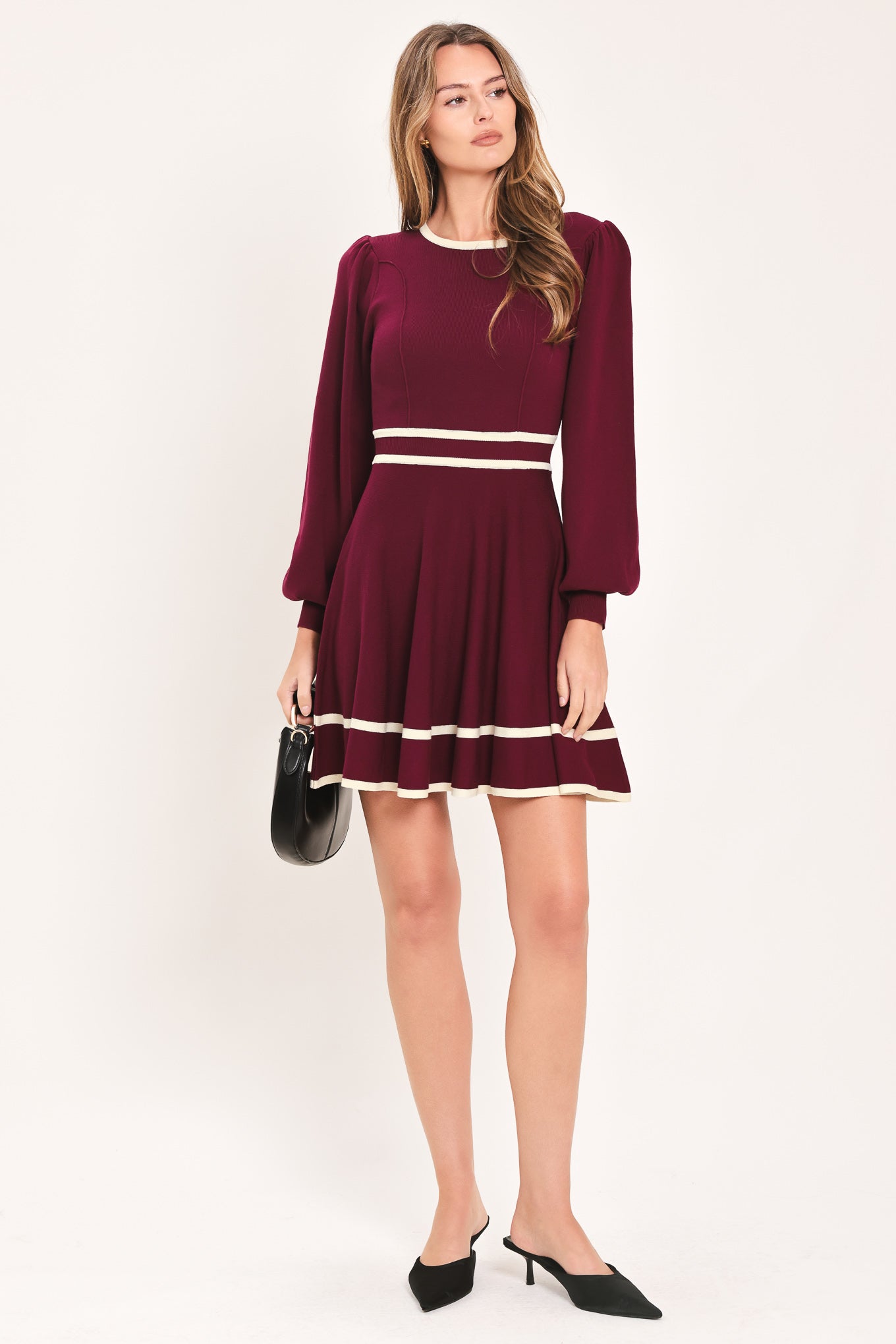 Merlot with Ivory Contrast Mini Sweater Dress