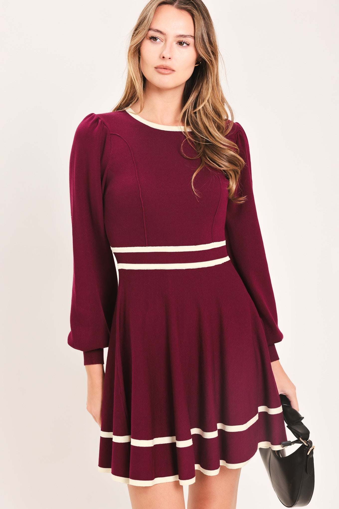 Merlot with Ivory Contrast Mini Sweater Dress