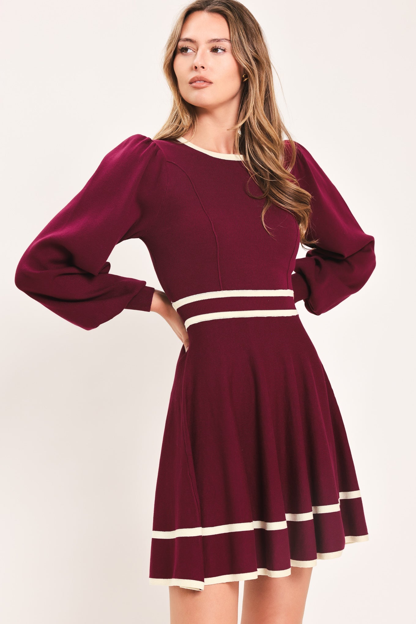 Merlot with Ivory Contrast Mini Sweater Dress