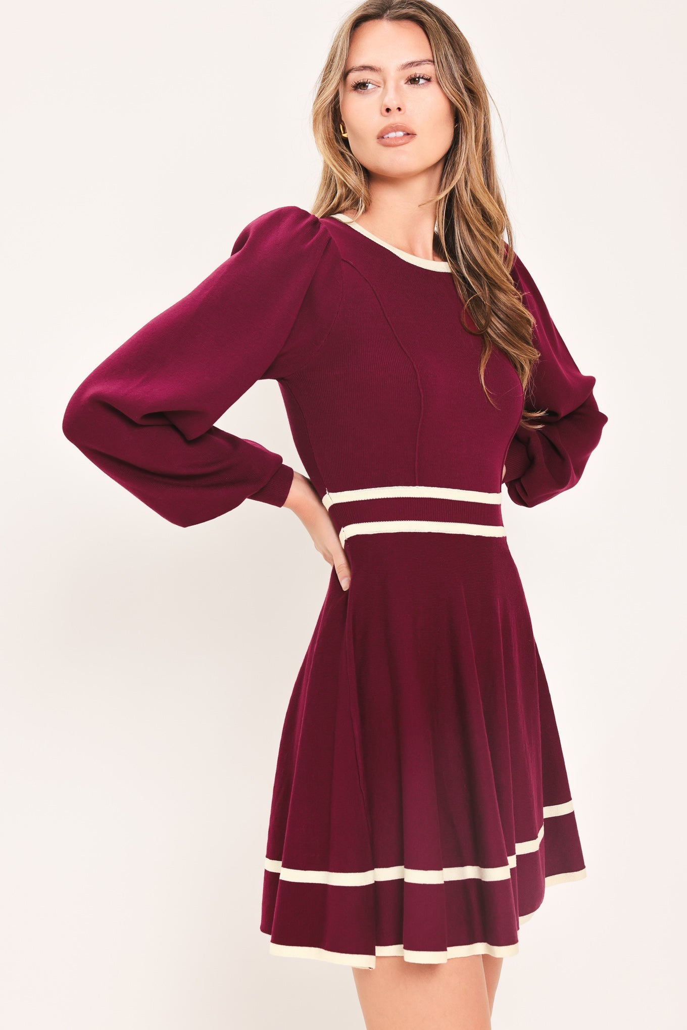 Merlot with Ivory Contrast Mini Sweater Dress