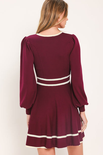 Merlot with Ivory Contrast Mini Sweater Dress