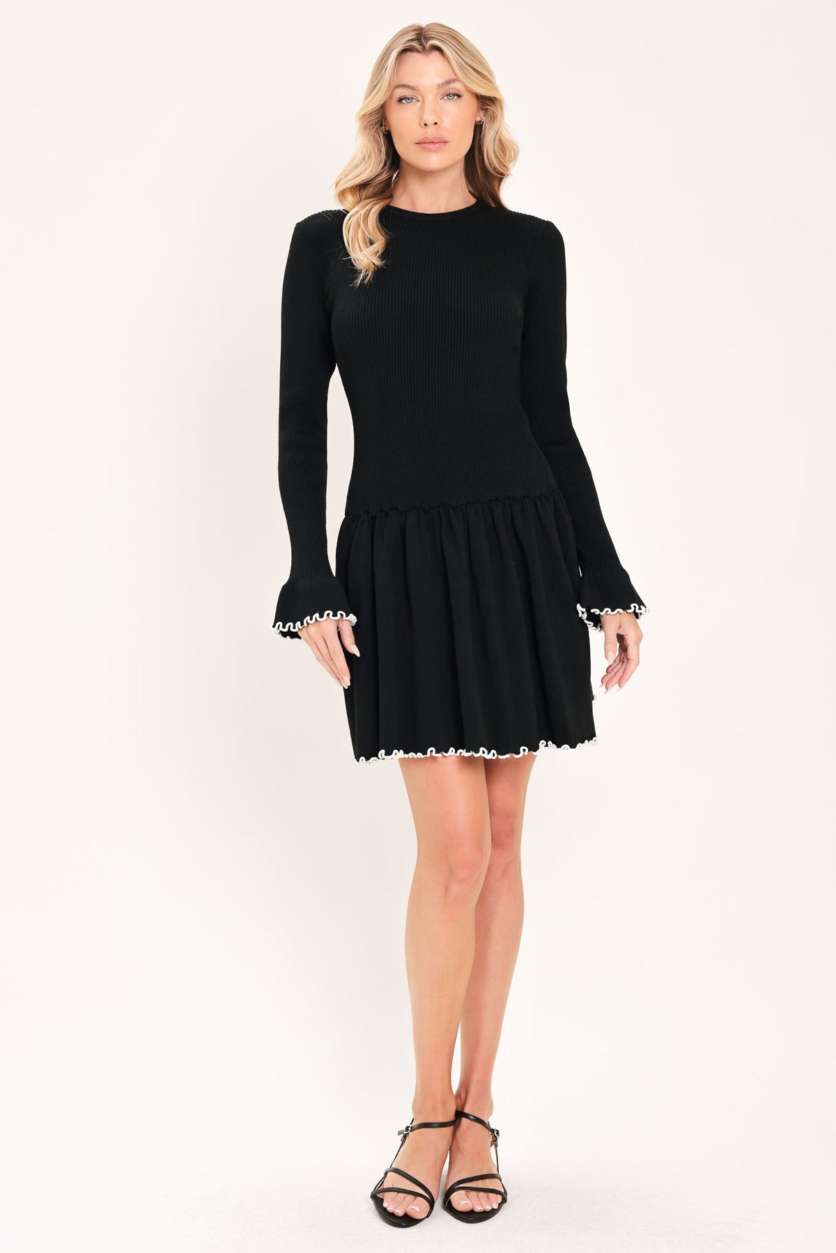 Black Sweater Mini Dress with Sweetheart Neckline and Contrast Trim