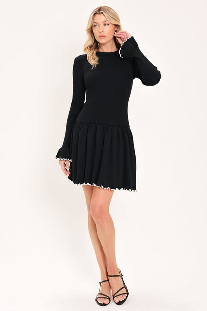 Black Sweater Mini Dress with Sweetheart Neckline and Contrast Trim